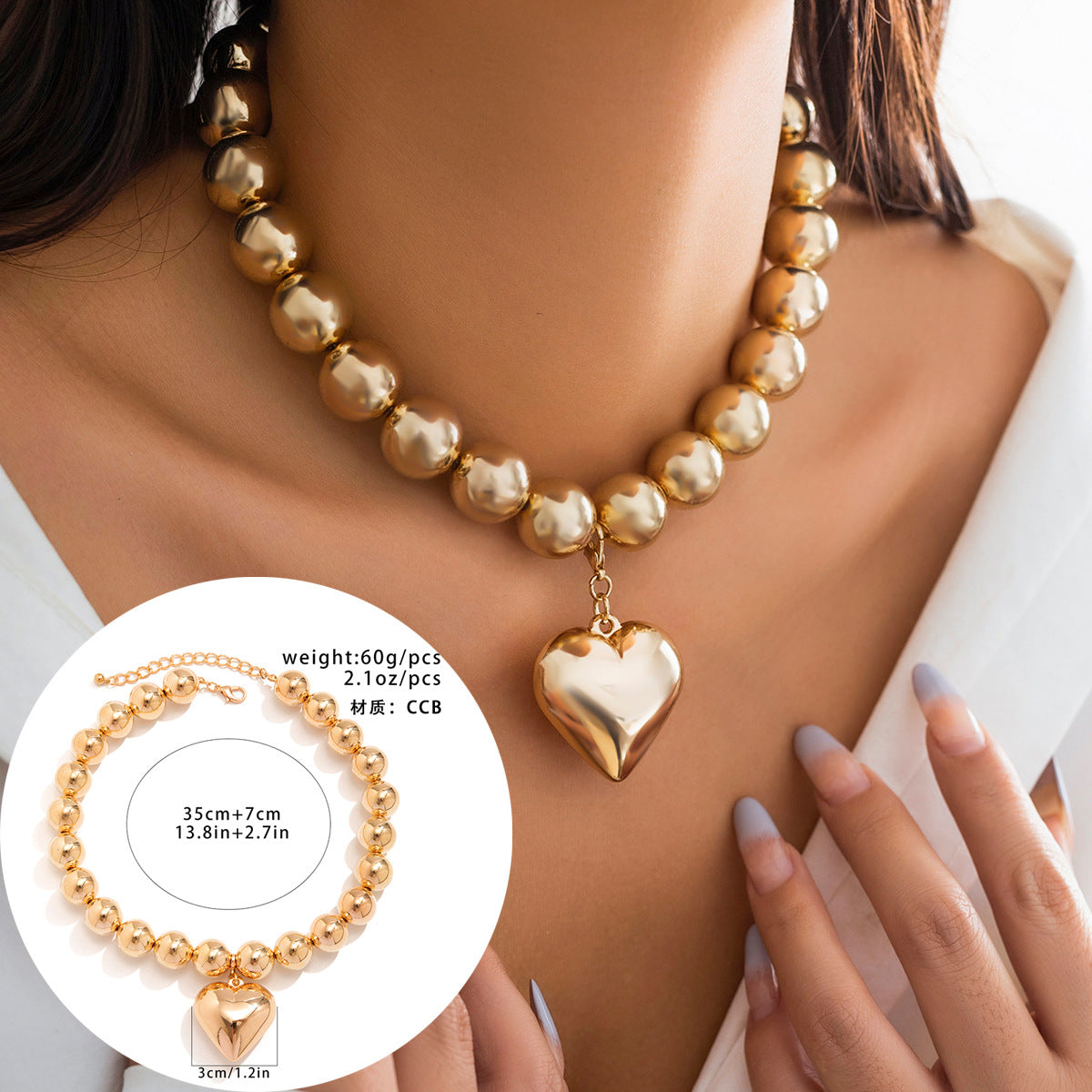 Cyberpunk Style Heart-Shaped Geometric Pendant Necklace with Imitation Pearl Beads Electroplated Multi-Layer Round Bead Chain for Women