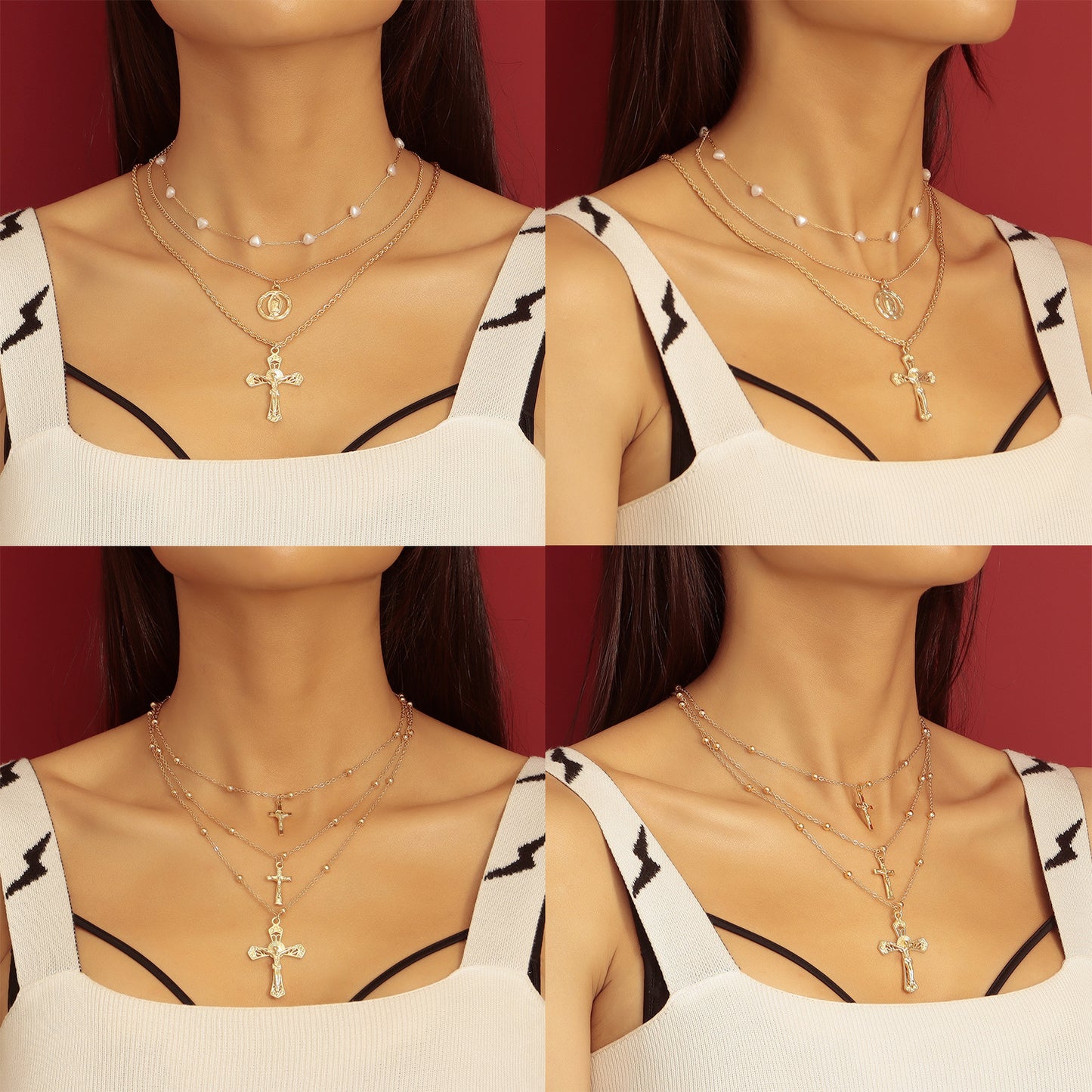 Vintage Cross Pendant Necklace for Women with Geometric Shape Alloy Construction Plated Finish Layered Clavicle Chain