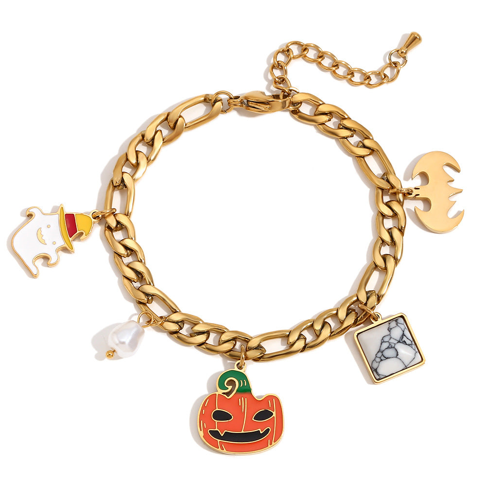 Bracciale Figaro da donna placcato oro 18 carati in acciaio inossidabile smaltato con teschio di zucca di Halloween alla moda