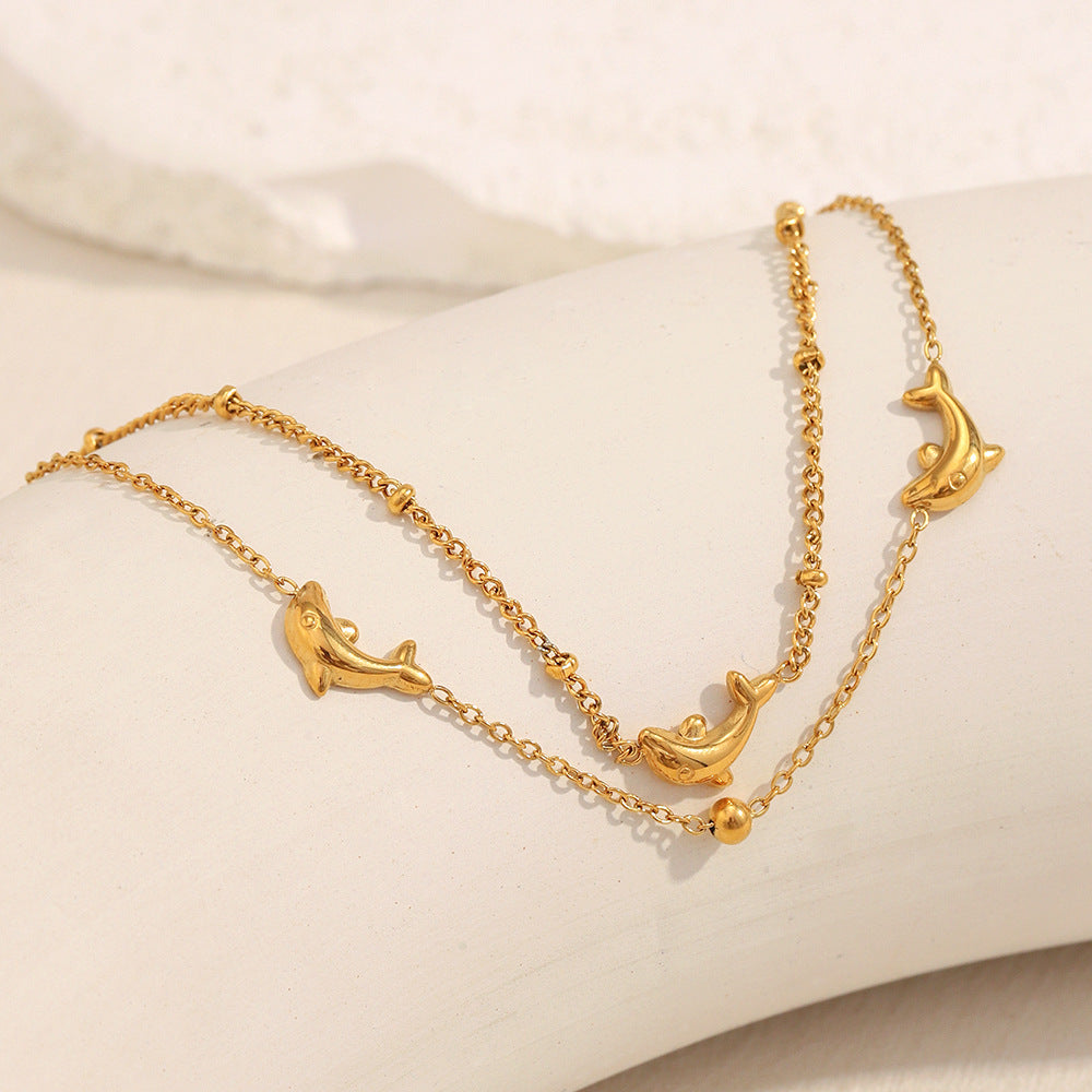 Elegant Ocean-Inspired Dolphin Pendant Necklace in Stainless Steel with 18K Gold Plating, Double-Layer Design with Pearl Accents