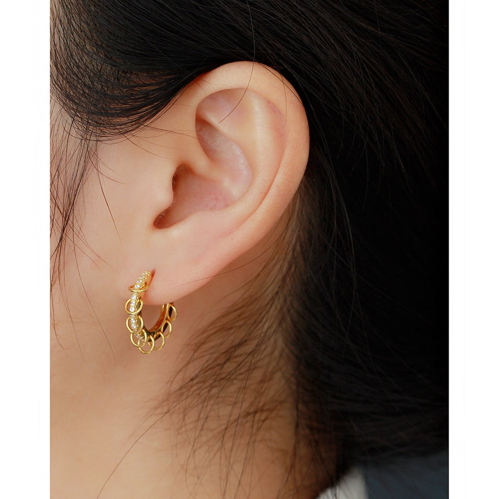 Elegant 925 Sterling Silver Round Geometric Inlaid Rhinestone Hoop Earrings for Women