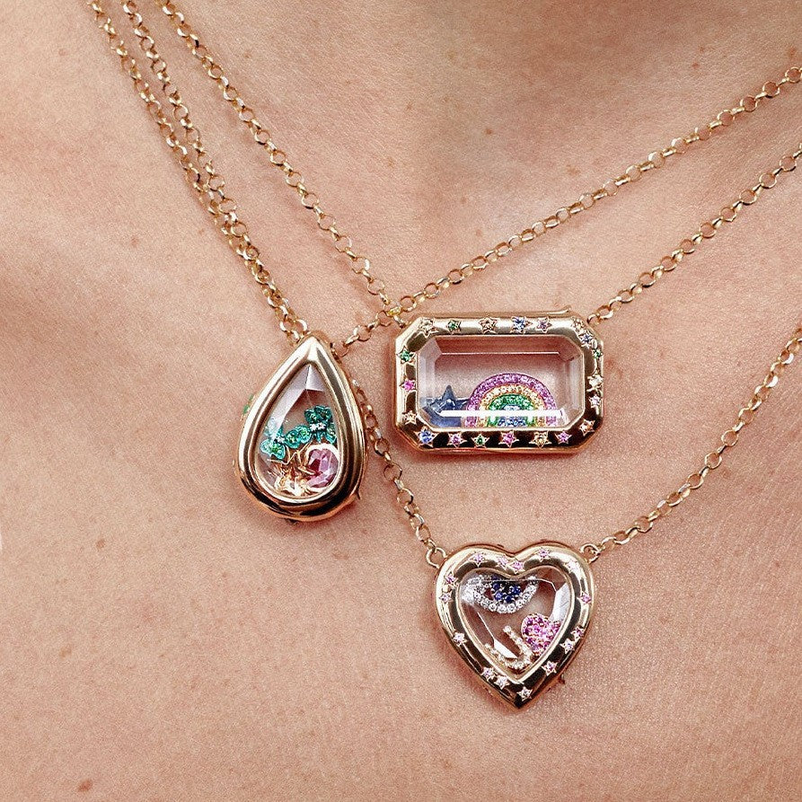 Vintage 18K Gold Plated Brass Round Geometric Locket Pendant Charm Bar with Cable Chain