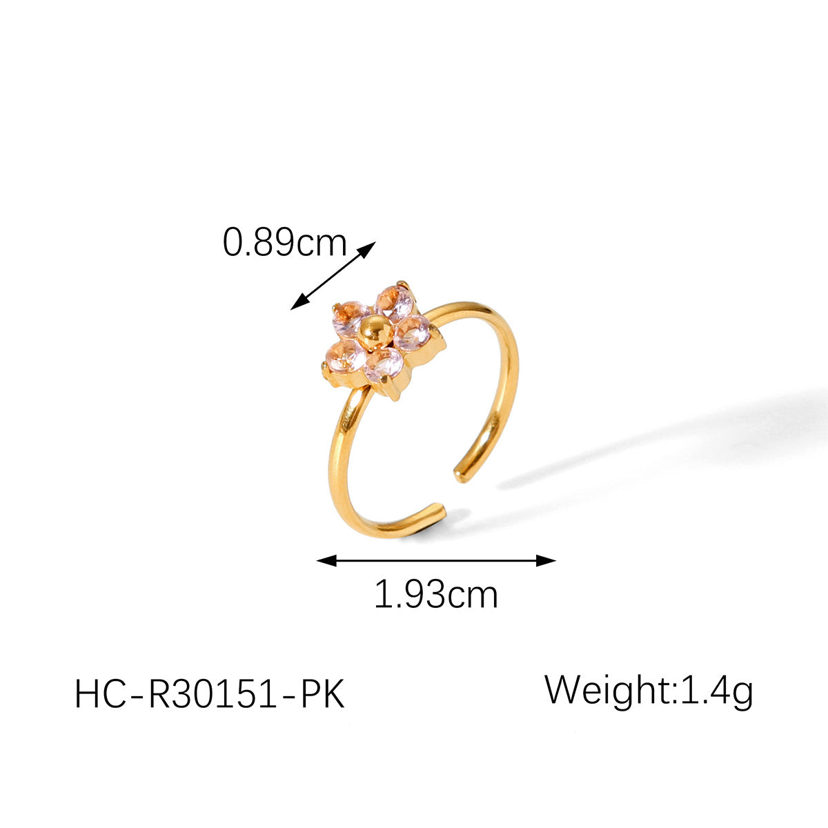 Floral Open Ring for Women in Stainless Steel with Rhinestone Inlay, Plated Finish, Lightweight Luxury French Style