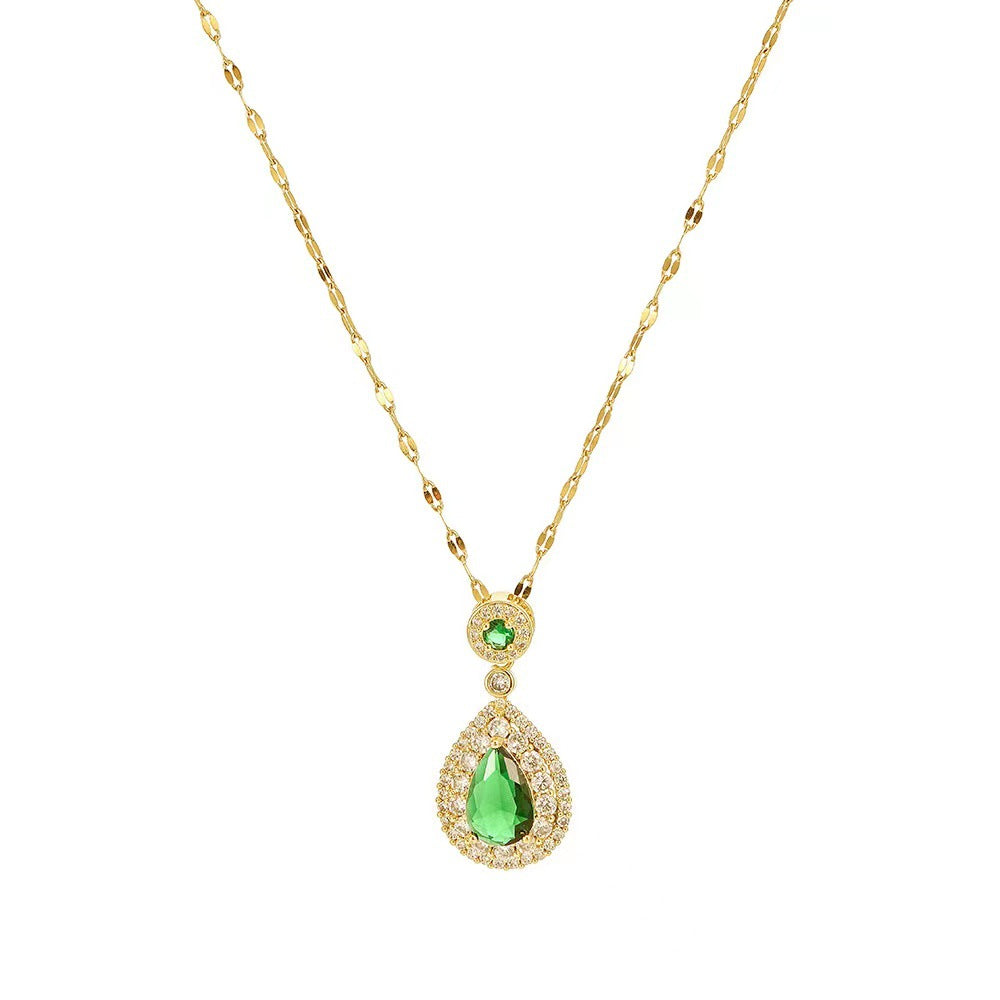 Elegante collar con colgante de circonita en forma de lágrima en acero de titanio con incrustaciones de pedrería para mujer