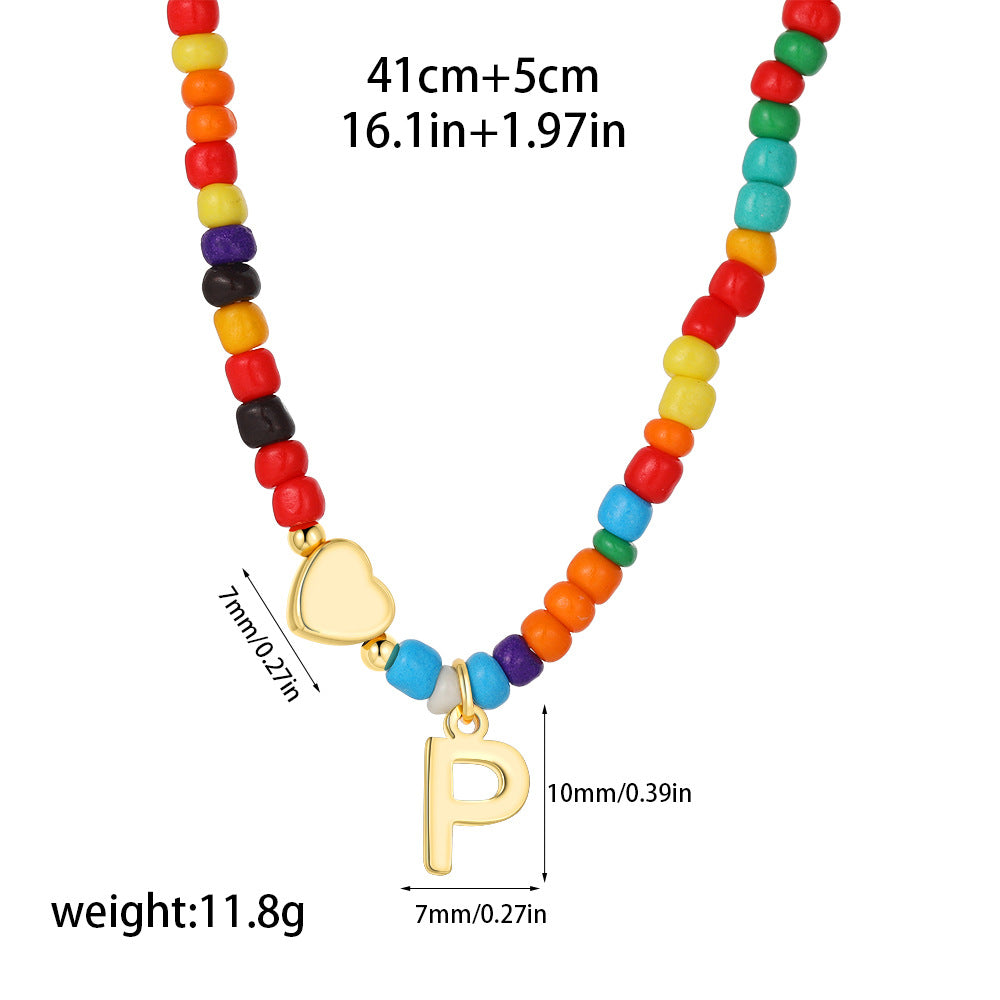 Collana Unisex Casual Placcata Oro 14K con Ciondolo a Cuore Lettera e Perline in Acciaio Inossidabile