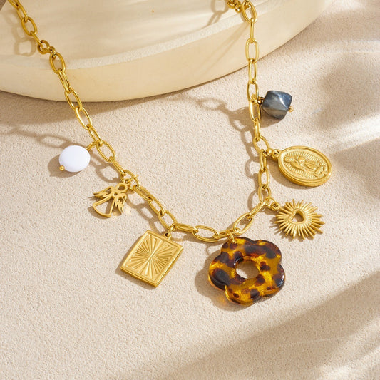 Vintage Gold Plated Stainless Steel Floral Square Oval Leopard Print Pendant Necklace