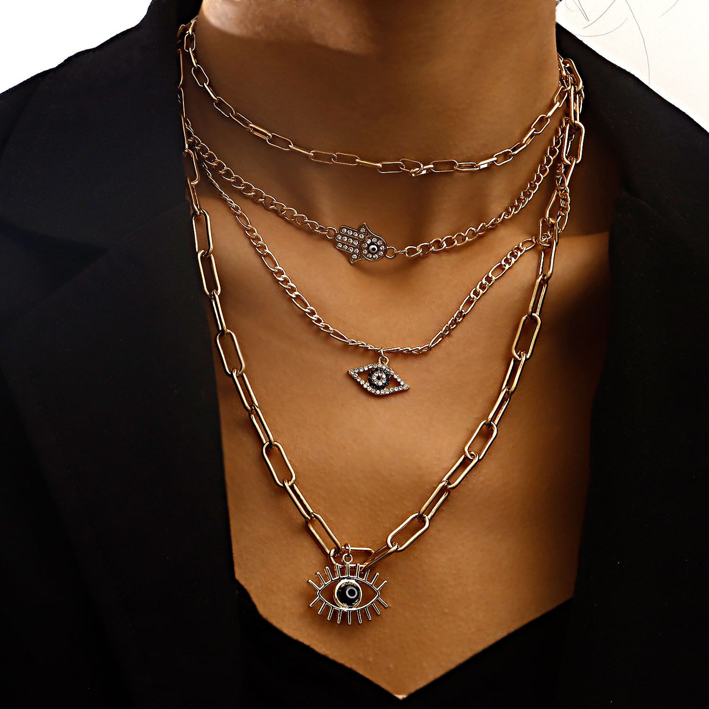Vintage Multi-Layer Bamboo-Joint-Shaped Evil Eye Pendant Necklace for Women with Rhinestone Inlay and Gold-Plated Alloy