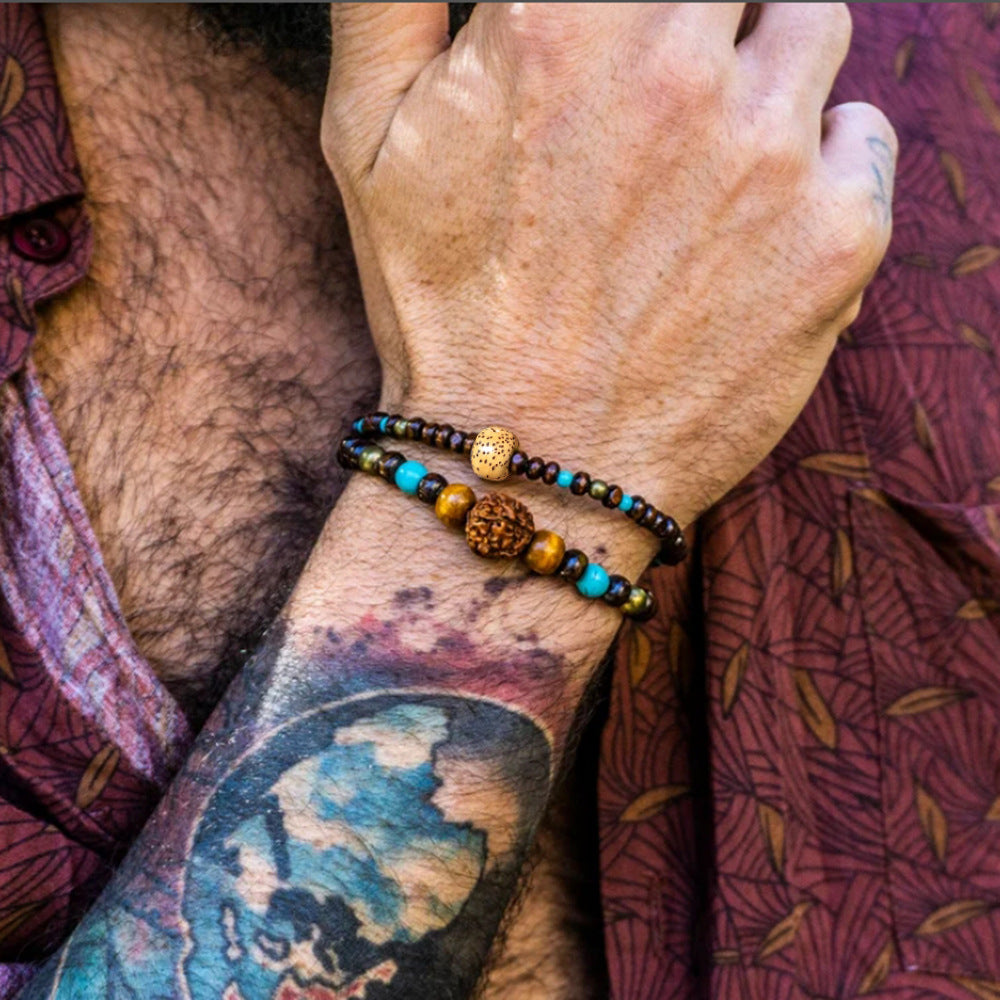 Vintage Bohemian Geometric Wood and Gemstone Bracelet for Men and Women