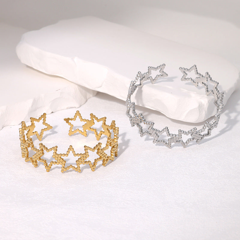 Minimalist Stainless Steel Open Bangle with Hollow Star Design Anti-Tarnish Bracelet