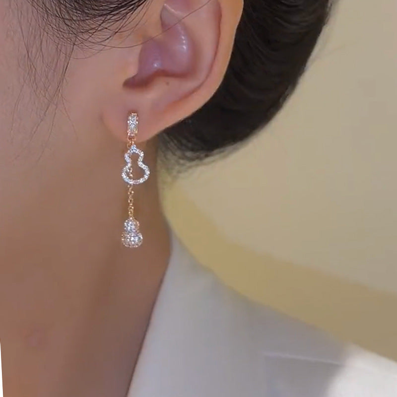 Elegant 925 Sterling Silver Post Micro-Inlaid Cubic Zirconia Gourd Tassel Drop Earrings for Women
