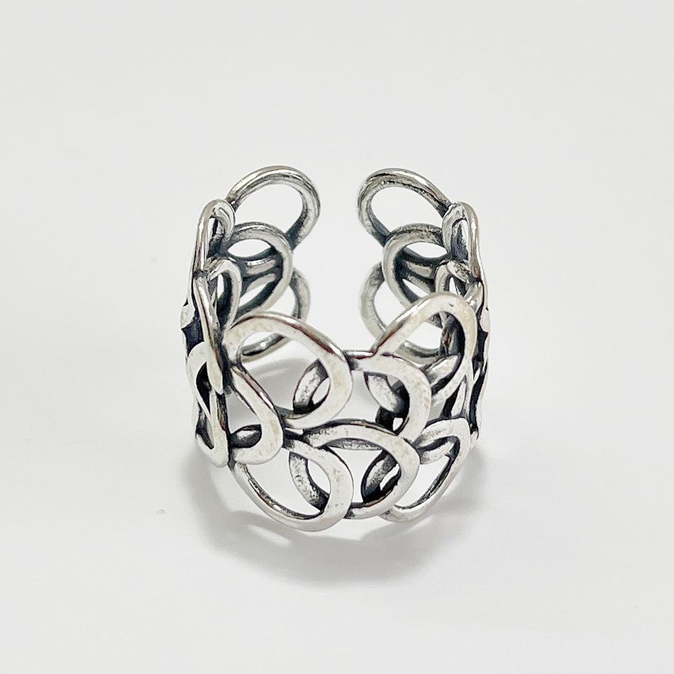Anello da donna minimalista vintage in argento sterling 925, rotondo geometrico, a fascia larga
