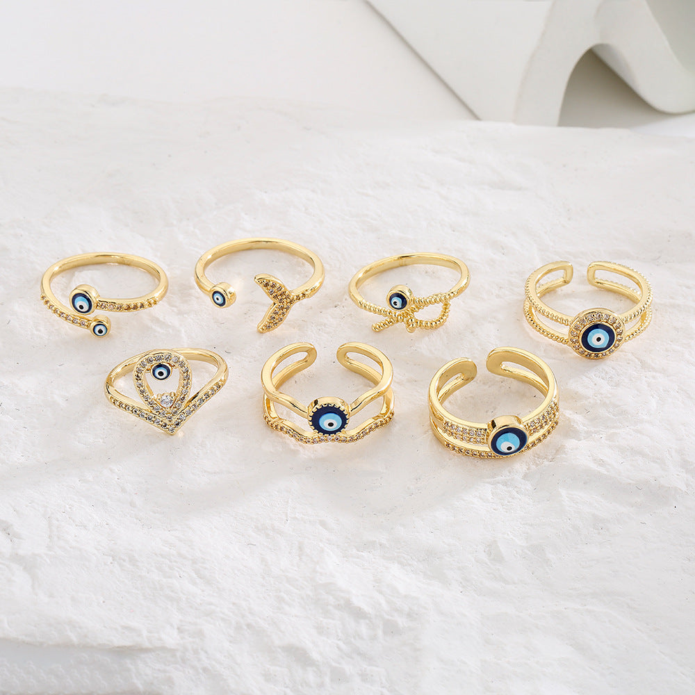 Anello Geometrico a Occhio Aperto da Donna in Rame con Placcatura in Oro 18K e Finitura Smaltata con Intarsio in Zirconi