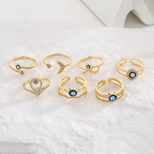Geometric Open Eye Ring for Women in Copper with 18K Gold Plating and Enamel Finish Featuring Zircon Inlay