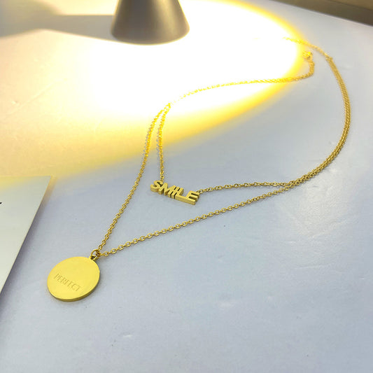 Collar Minimalista de Titanio y Acero con Colgante Redondo Geométrico y Acabado Bañado, Cadena de Clavícula de Doble Capa Unisex