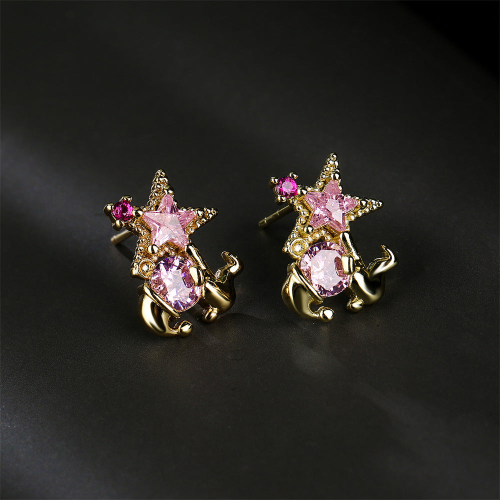 Cute Animal Geometric Brass Earrings Gold Plated with Cubic Zirconia for Women