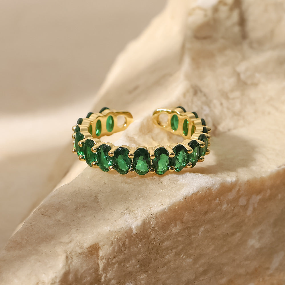 Fashion Geometric 18K Gold Plated Stainless Steel Ring with Green Zircon for Women