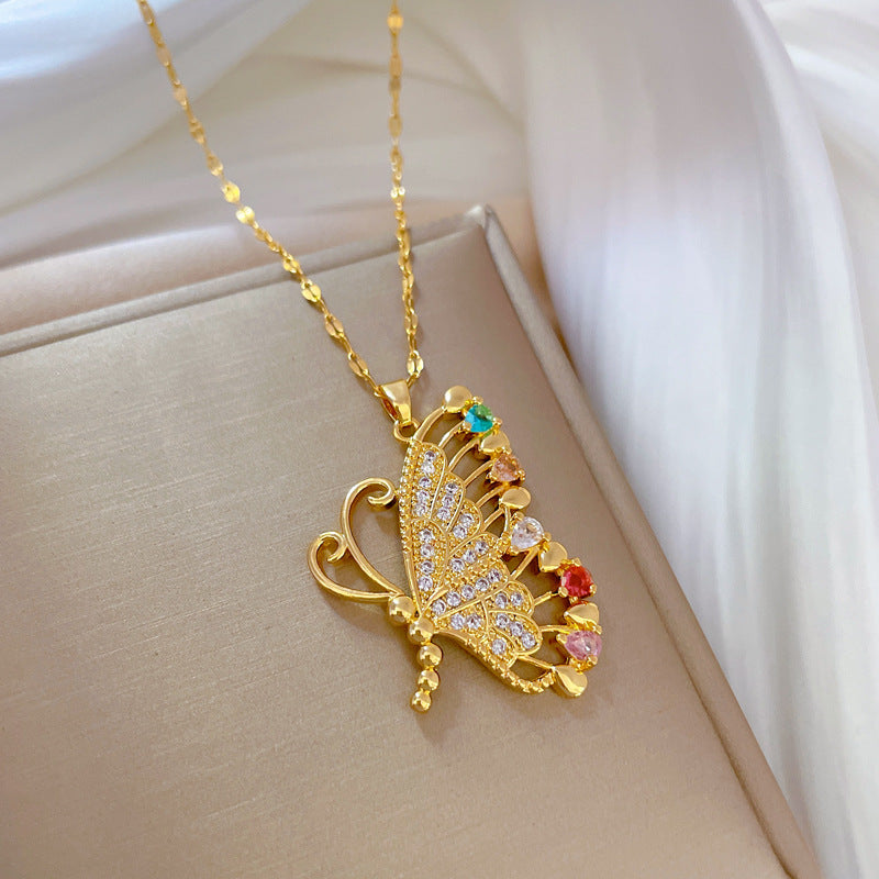 Luxury Butterfly-Shaped Rhinestone-Encrusted Titanium Steel Necklace for Women - Delicate Clavicle Chain for Wedding, Party, and Formal Occasions