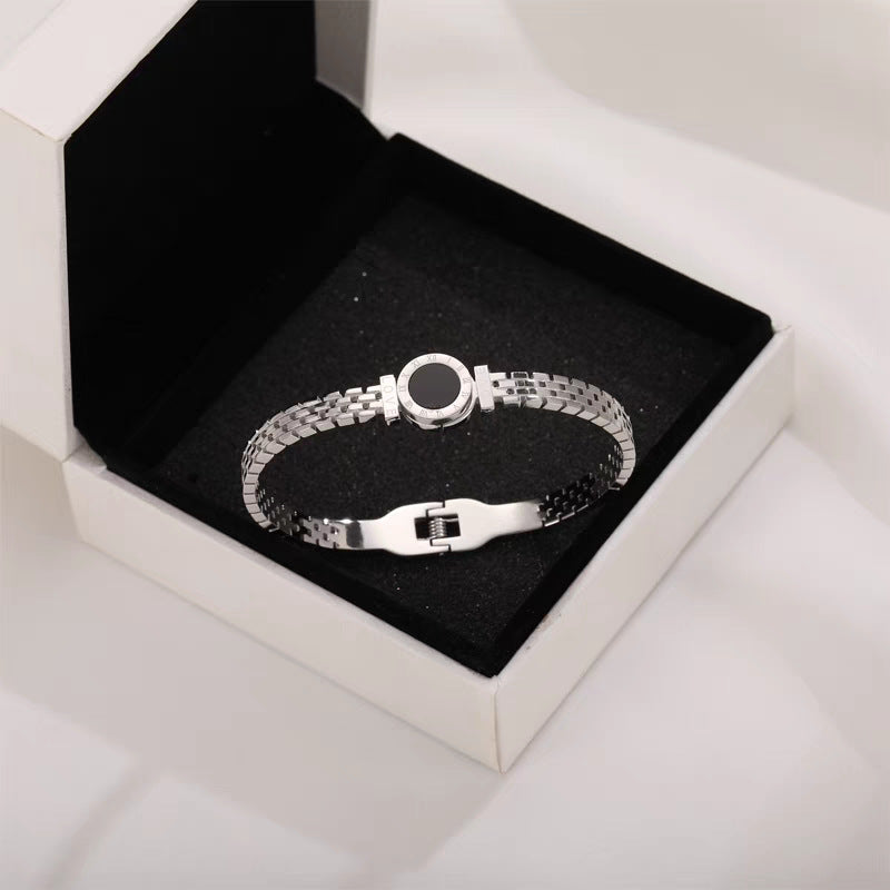 Minimalist 18K Gold Plated Titanium Steel Roman Numeral Watch Style Cuff Bracelet for Women