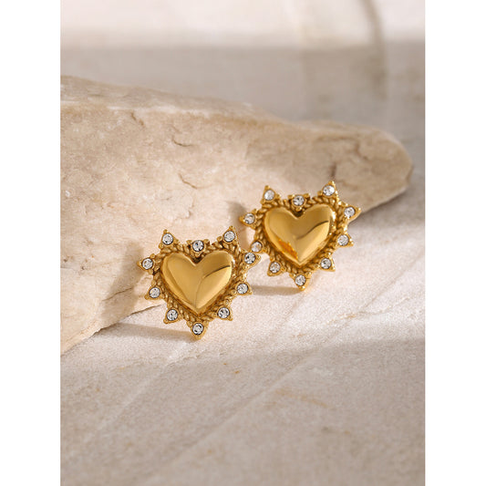 18K Gold Plated Heart Rhinestone Stainless Steel Earrings for Women