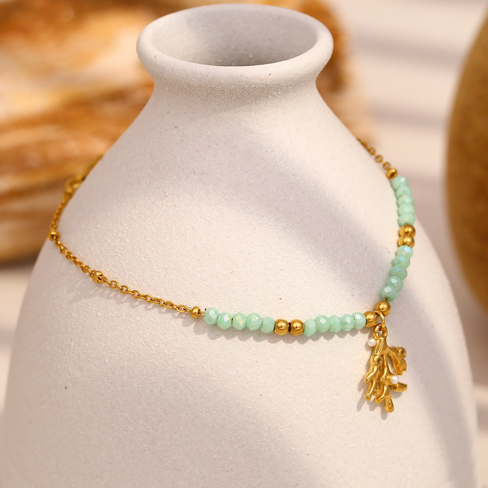 Minimalist Geometric Branch-Shaped Necklace in Stainless Steel with 18K Gold Plating and Natural Stone Accent for Women