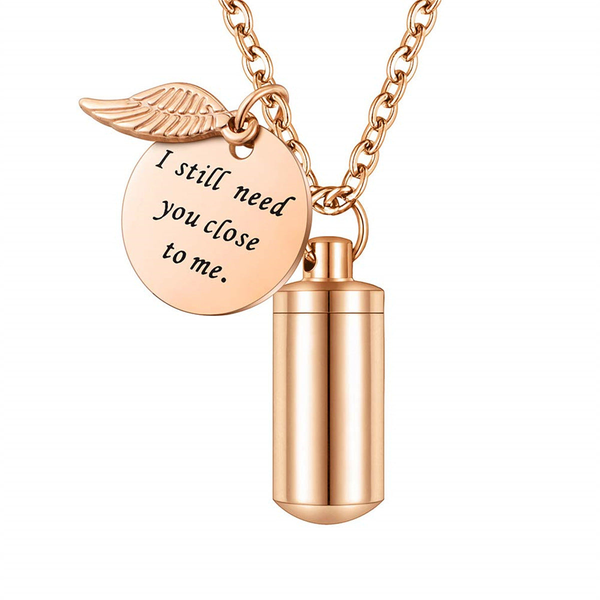 Personalized Stainless Steel Angel Wing Pendant Necklace with Hollow Cylinder Design for Pet Memorial Keepsake Unisex