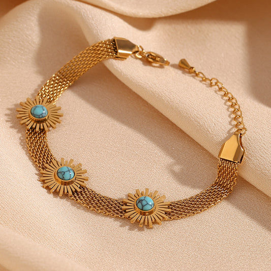 Vintage-Inspired Geometric Sunflower Turquoise Beaded Bracelet for Women in Stainless Steel with 18K Gold Plating