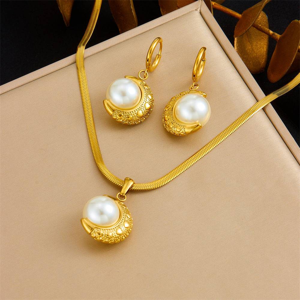 Vintage Gold Plated Heart Teardrop Stainless Steel Necklace and Earring Set with Turquoise and Pearl on Snake Chain for Women