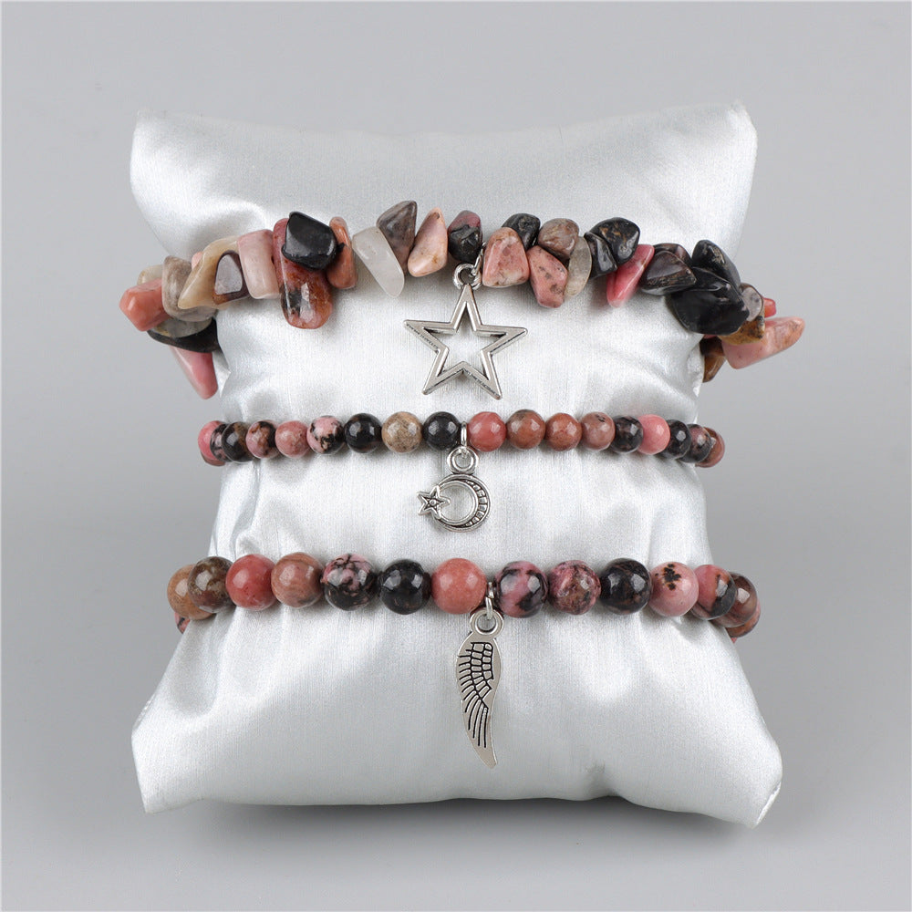 Vintage Amethyst Crystal Chip Beads Bracelet with Star Moon Pendant Geometric Irregular Stone Elastic Multi-Layer Bracelet for Women