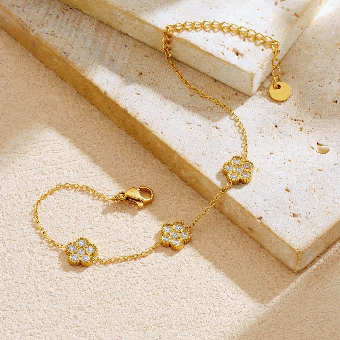 Gold Plated Stainless Steel Floral Cubic Zirconia Bracelet for Women
