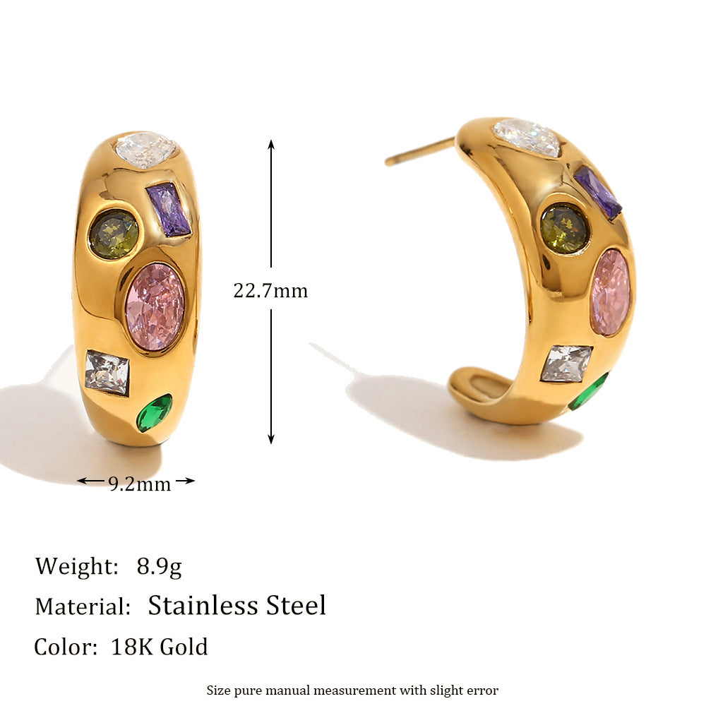 Orecchini a perno a forma di luna geometrica in acciaio inossidabile con placcatura in oro 18 carati e intarsio di zirconi cubici colorati