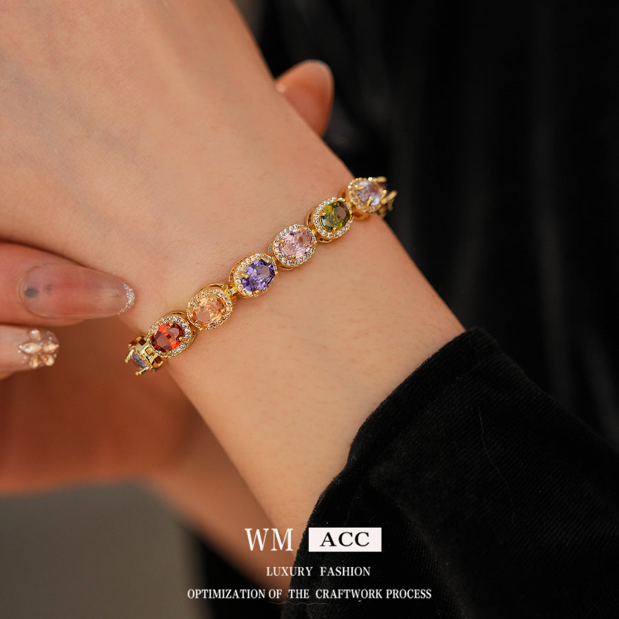 Vintage Luxury Oval Geometric Brass Bracelet with Cubic Zirconia Inlay for Women