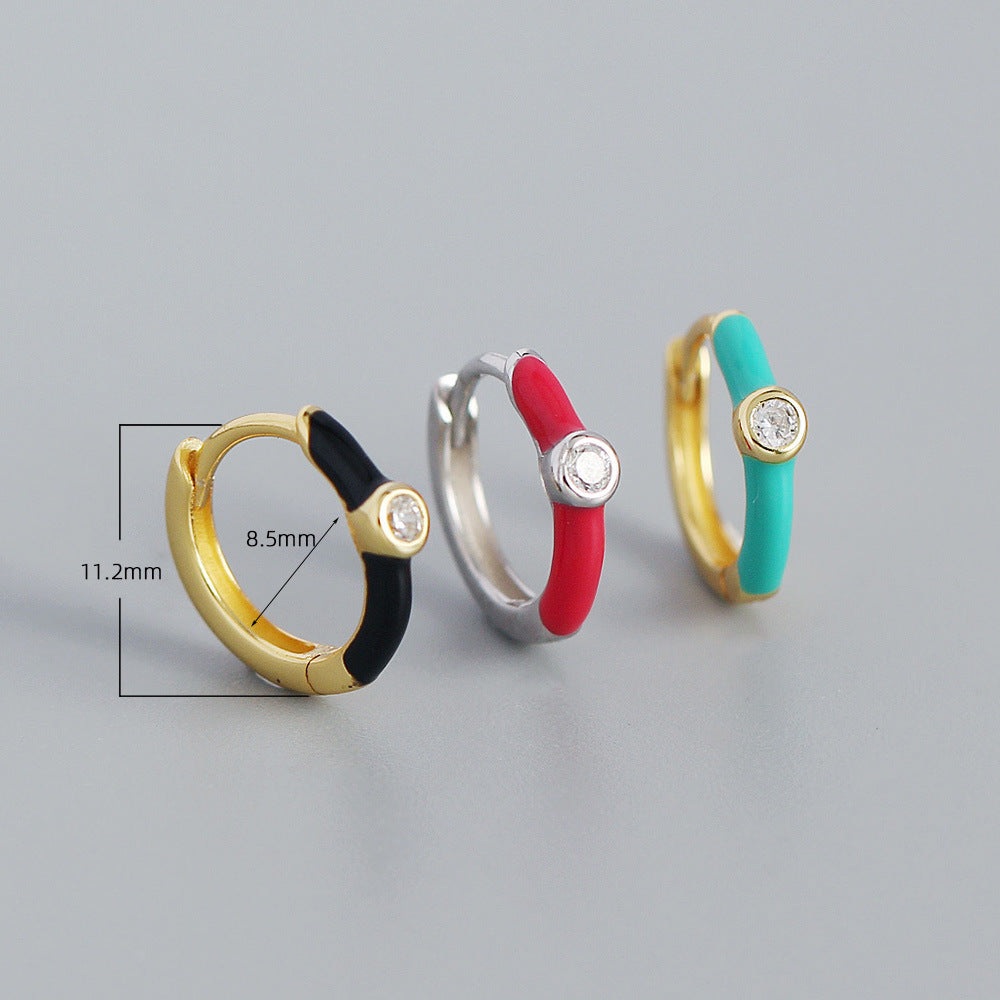 Orecchini a Cerchio Minimalisti Dolci in Argento Sterling 925 con Dettagli Geometrici e Smalto a Goccia Micro-incastonati