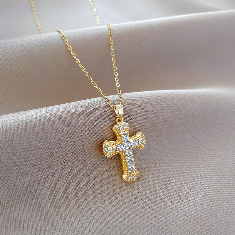 Luxury Titanium Steel Cross Pendant Necklace with Zircon Inlay for Women and Men Collar Chain