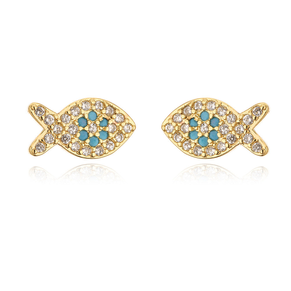Cute Minimalist Geometric Fish-Shaped Copper Earrings with 18K Gold Plating and Zircon Inlay