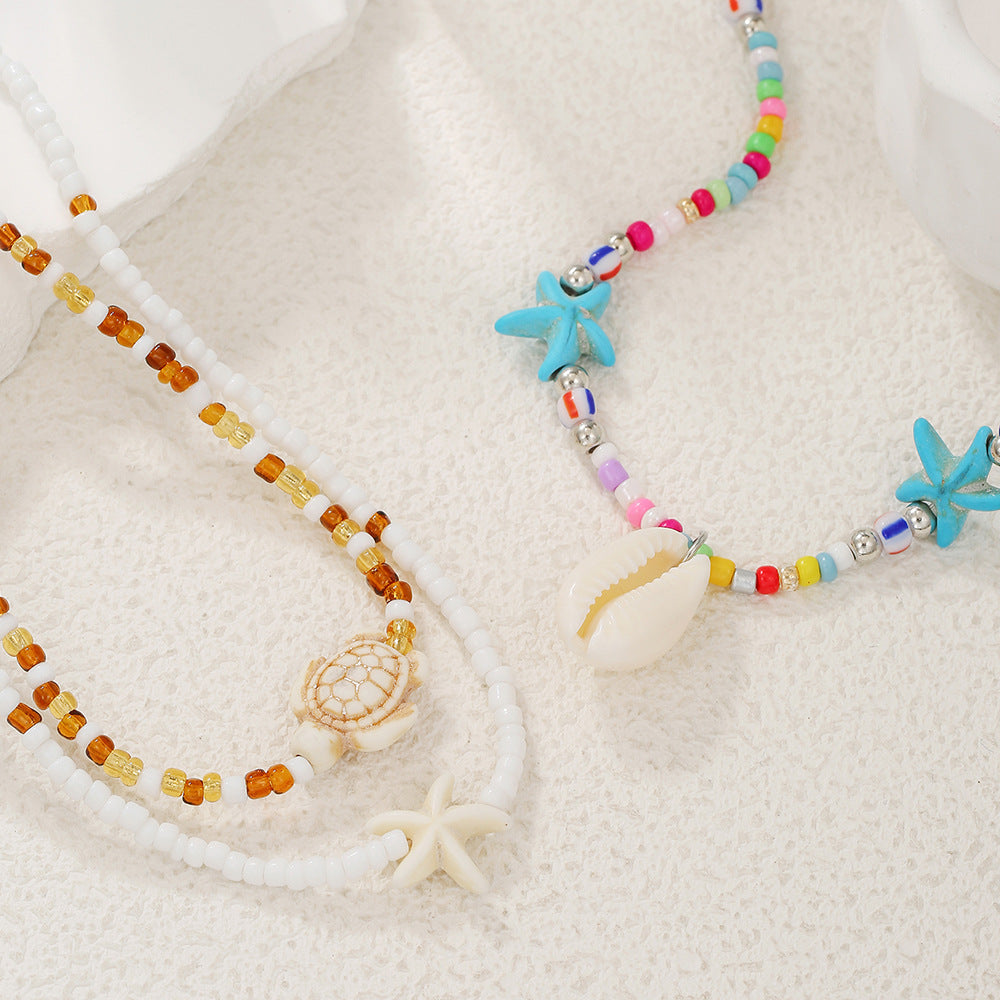 Geometric Round Stainless Steel and Resin Necklace with Starfish Shell Turtle Charms Cable Chain Unisex