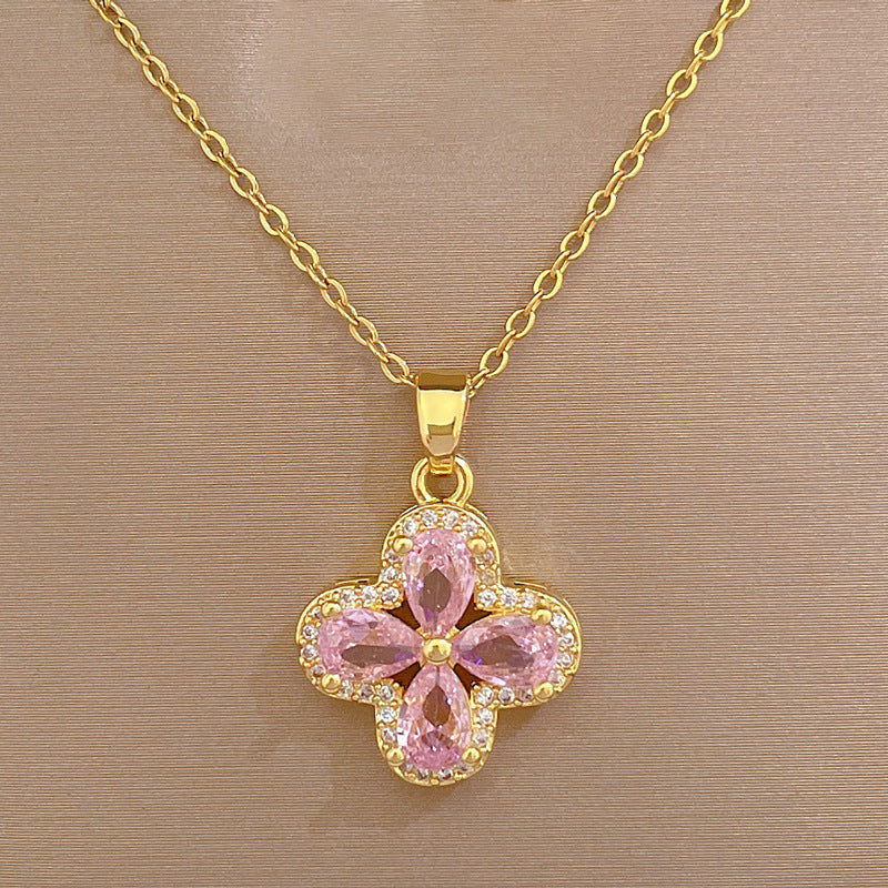 Luxury Titanium Steel Four-Leaf Clover Pendant Necklace and Earrings Set with Geometric Design for Women Formal Events