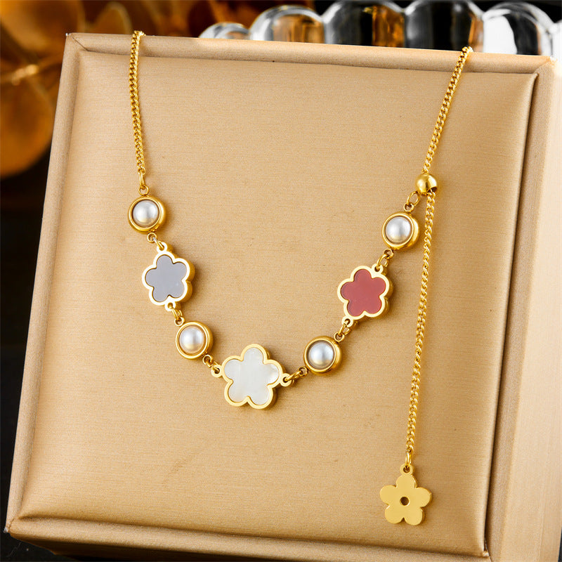 Fashion Office Stainless Steel Gold-plated Flower Pendant Necklace with Long Tassel Chain