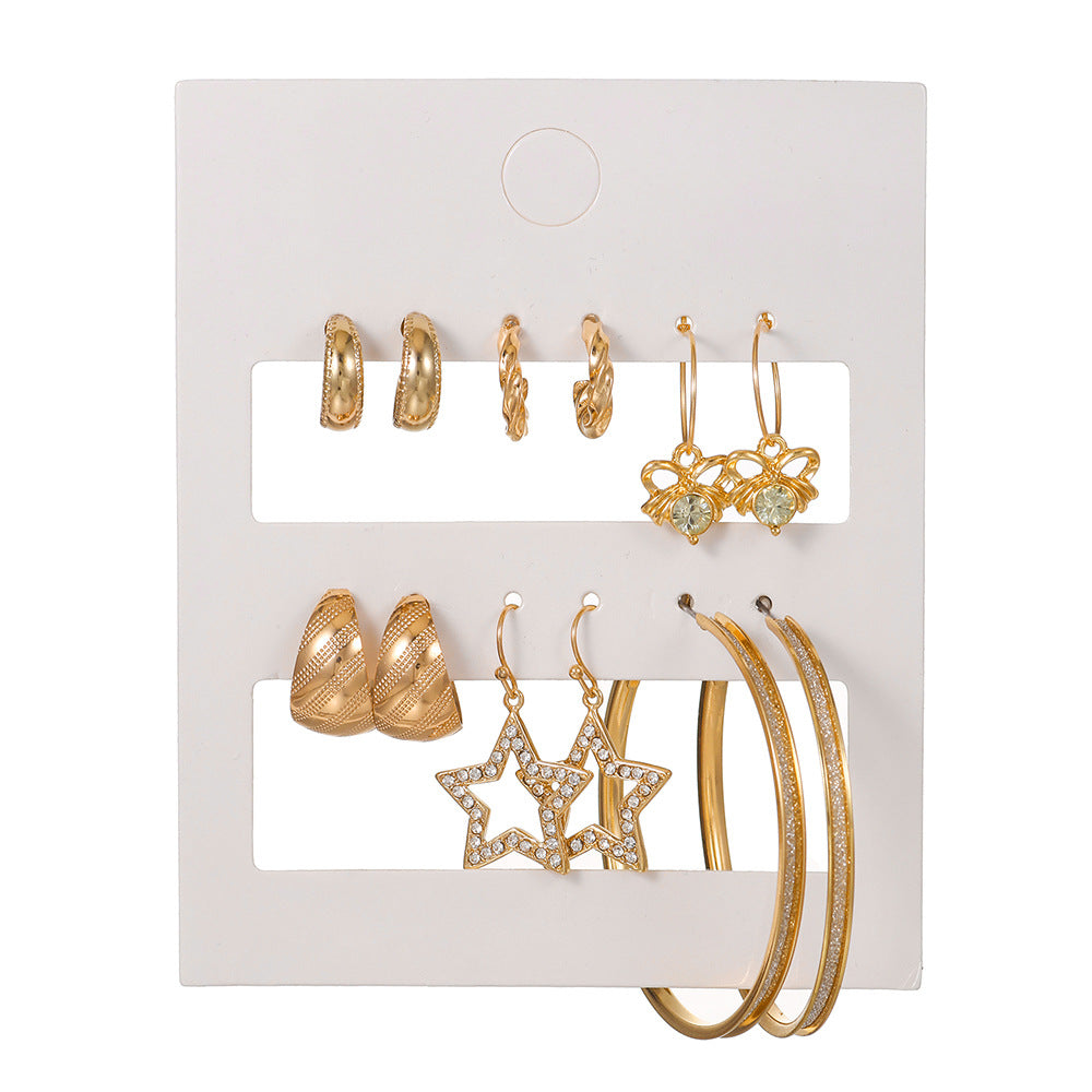 Minimalist Geometric Star Rhinestone Inlay Alloy Hoop Earrings Set