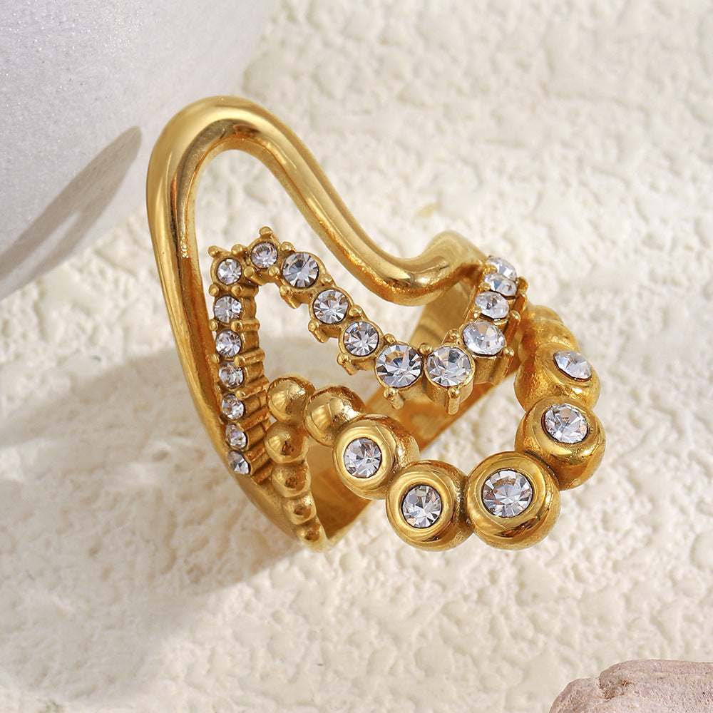 Minimalist Wave-Shaped Stainless Steel Ring with 18K Gold Plating and Zircon Accents for Women