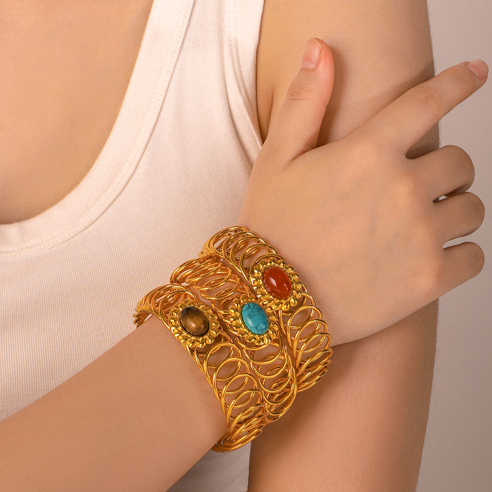 Bracciale a molla regolabile in acciaio inossidabile da donna, stile francese vintage, con intarsio in pietra naturale e finitura placcata