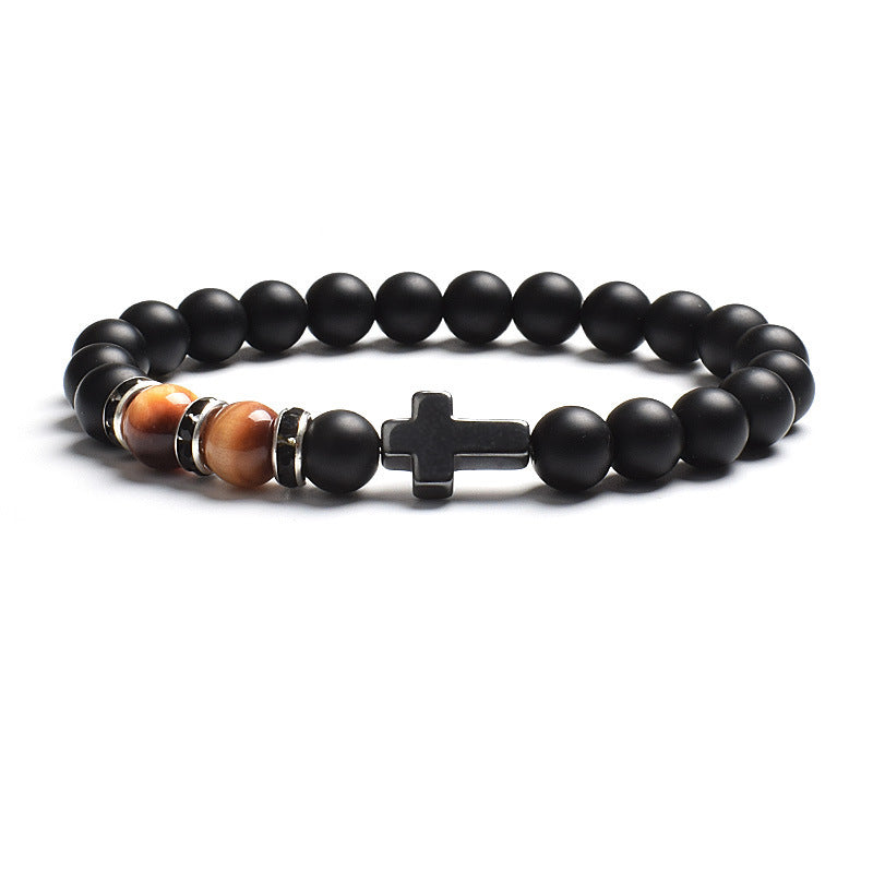 Vintage Cross Matte Stone Tiger's Eye Beaded Stretch Bracelet Unisex Geometric Handmade Jewelry