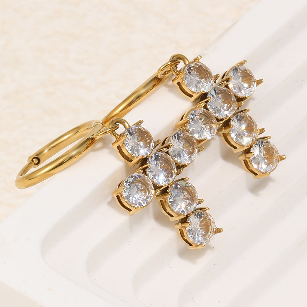 Orecchini a croce minimalistici ed eleganti in acciaio inossidabile placcato oro 18K con zirconia cubica