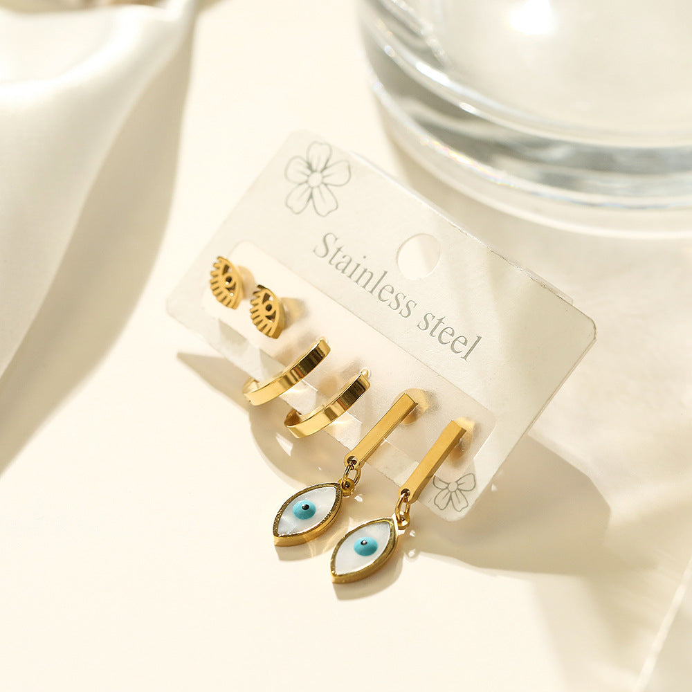 Minimalist Geometric Evil Eye Drop Oil Plated 18K Gold Cubic Zirconia Titanium Steel Earrings for Women