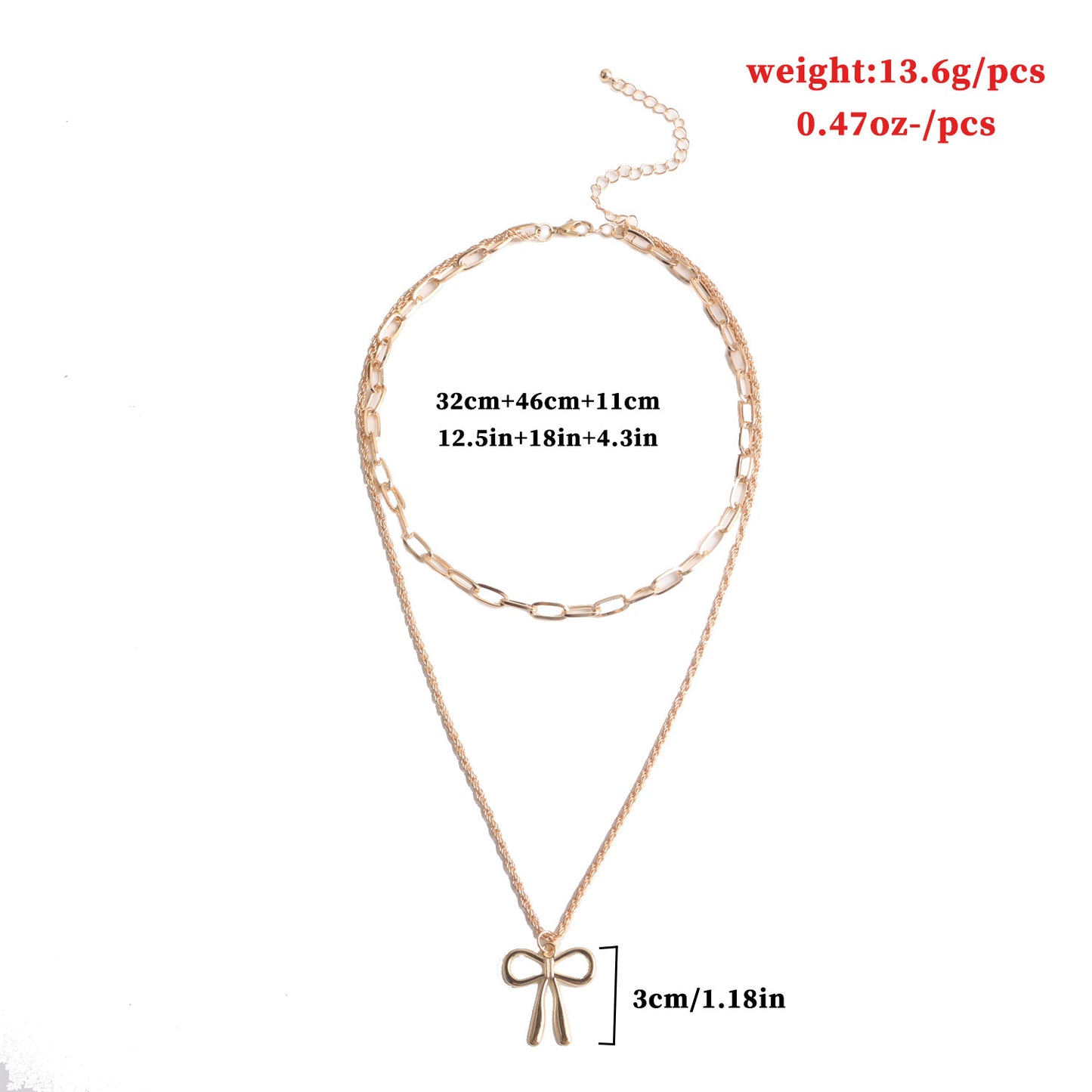 Punk Style Bow-Shaped Alloy Pendant Necklace with Plated Finish and Double-Layer Cross Chain