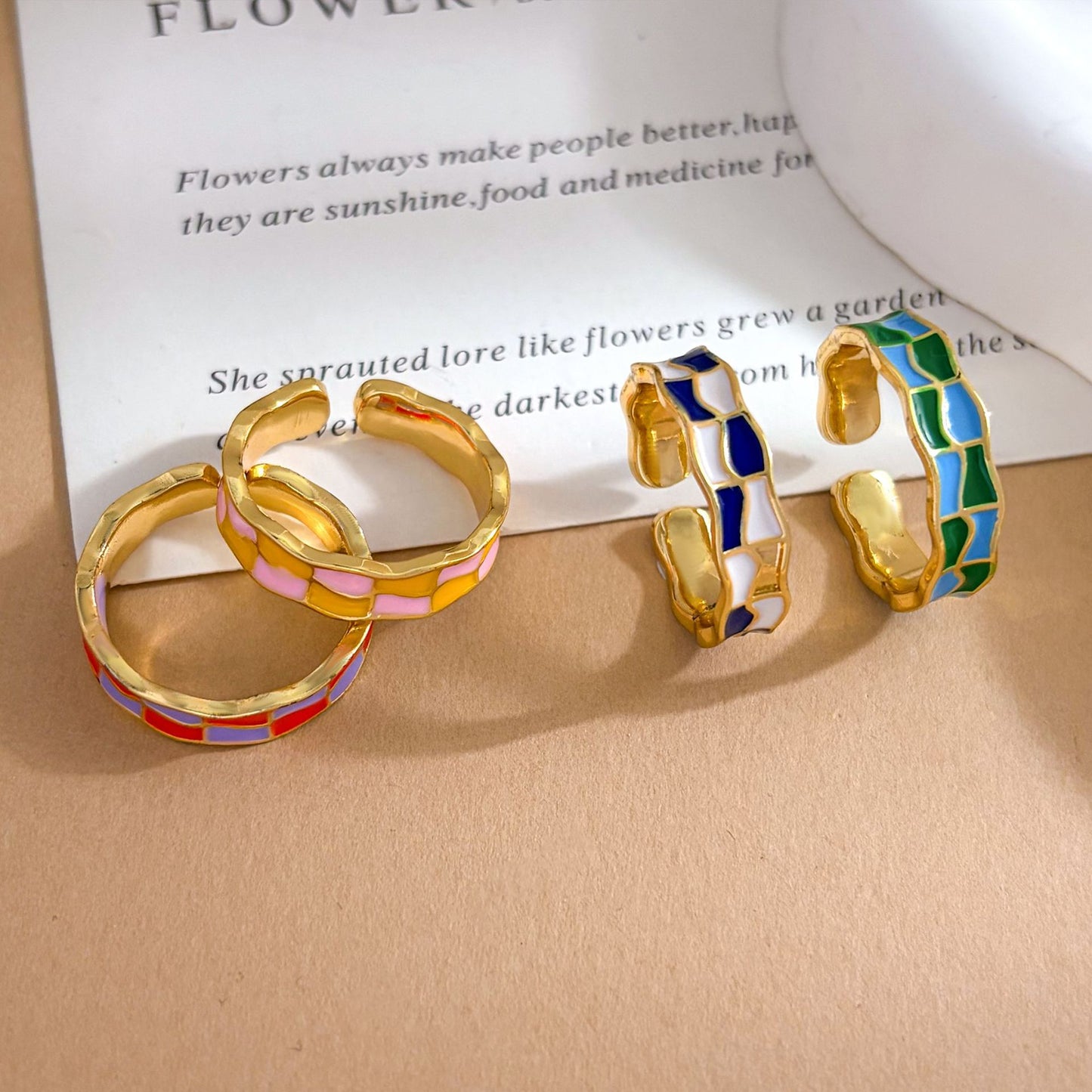 Sweet Checkered Enamel Gold Plated Brass Geometric Open Ring for Women
