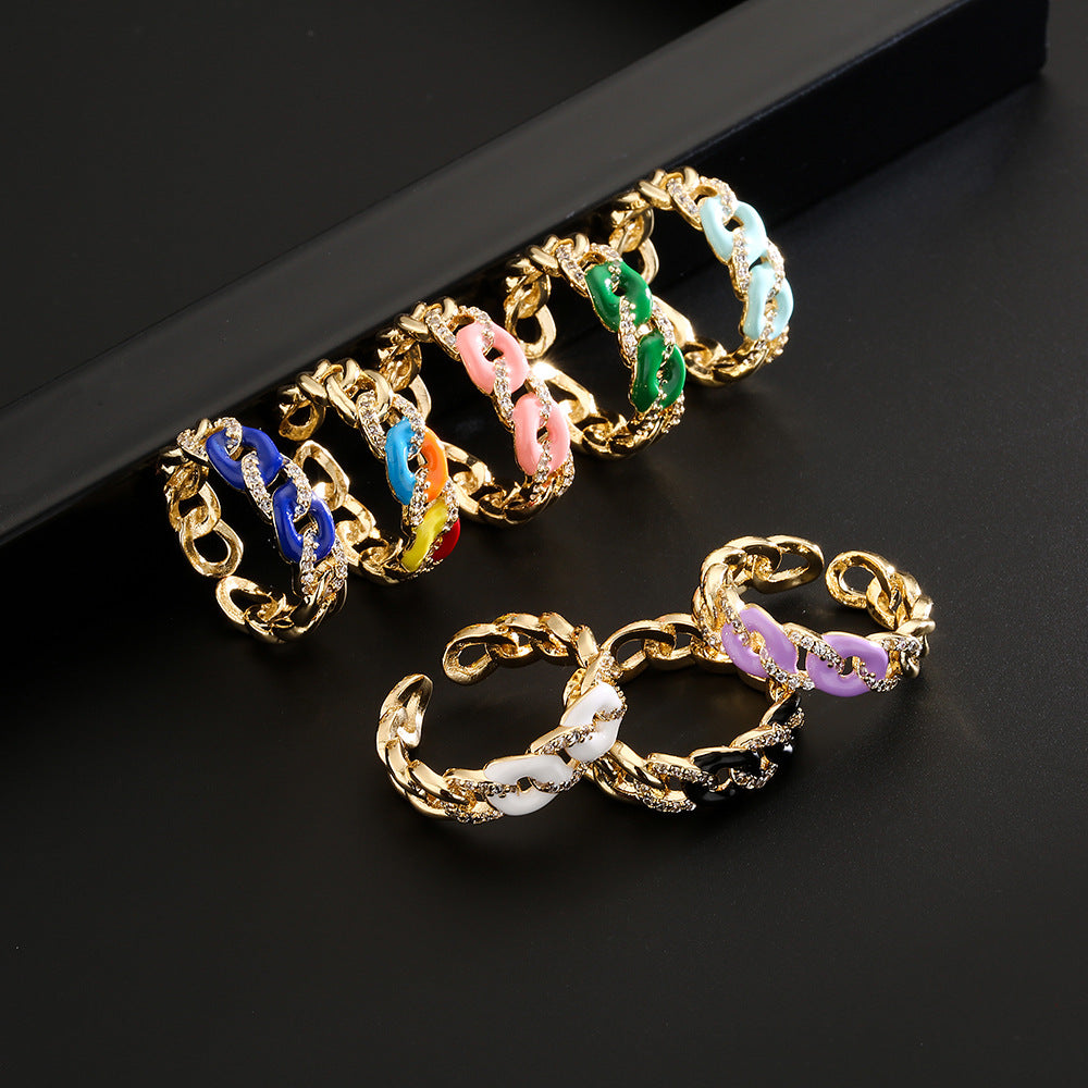 Anello aperto geometrico minimalista da donna in rame placcato oro 18 carati con zirconi micro-incastonati