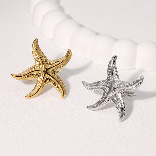 Anillo Abierto de Acero Inoxidable con Forma de Estrella de Mar para Mujer con Acabado Chapado, Joyería de Moda Estilo Vacaciones en la Playa