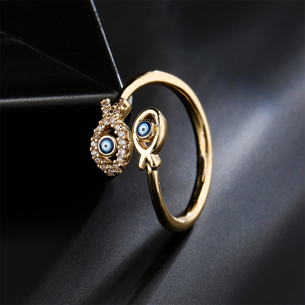 Minimalist Geometric Evil Eye Ring in Copper with Gold Plating and Micro-Pave Setting