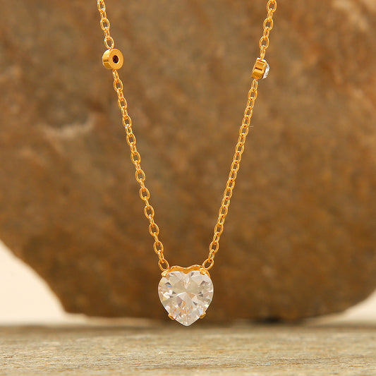 INS Style Heart-Shaped Stainless Steel Necklace with 18K Gold Plating and Cubic Zirconia for Women