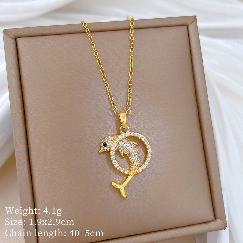 Sweet Minimalist Animal Shape Brass Pendant with Cubic Zirconia Inlay Titanium Steel Necklace for Unisex